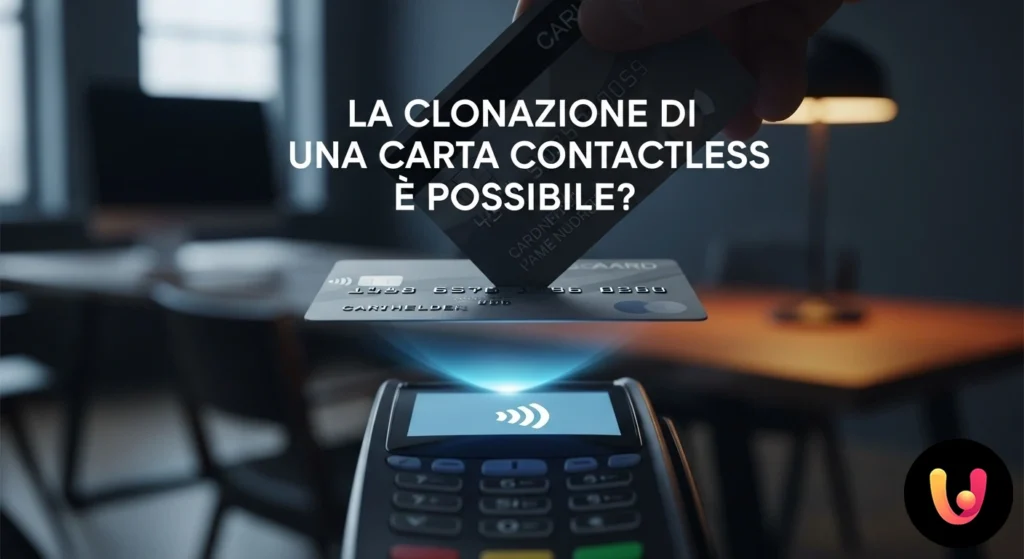 Dispositivo skimmer che intercetta a breve distanza i dati di una carta di credito contactless durante una transazione.