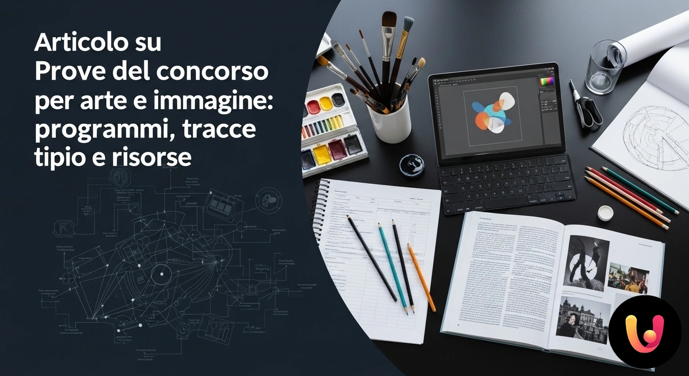 Concorso Arte e Immagine: Guida Completa alle Prove Scrivania con materiale da disegno, libri di storia dell'arte e una traccia d'esame per il concorso di arte e immagine.