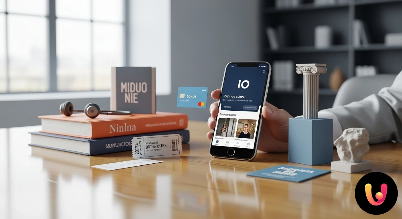 Bonus Cultura e App IO: Guida completa all'uso del buono per i giovani. Logo dell'app io affiancato dalla dicitura bonus cultura e da icone stilizzate di libri, biglietti per cinema e musica.