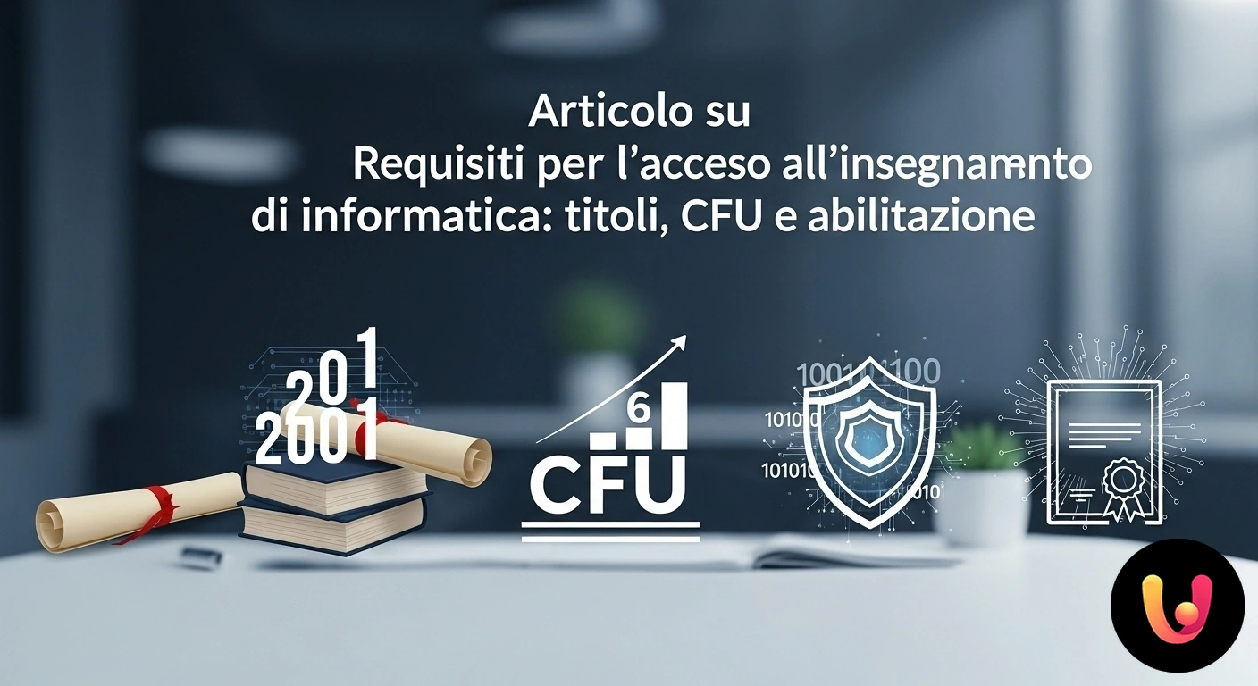 Requisiti insegnamento informatica: guida a titoli di studio e abilitazione Diploma di laurea e libri di testo accanto a un laptop che mostra codice, a rappresentare i requisiti accademici per l'insegn