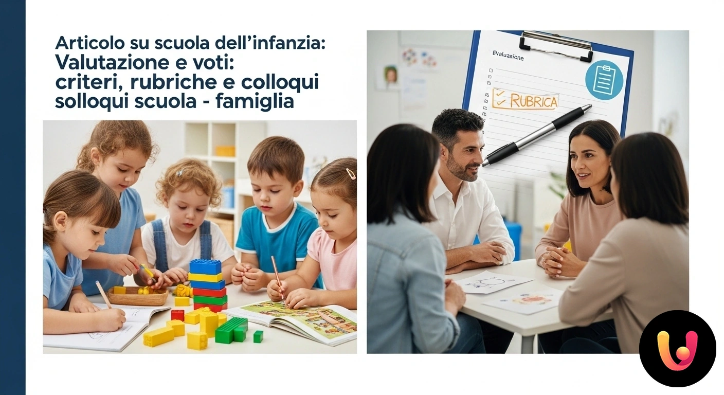 Valutazione scuola infanzia: Criteri e dialogo costruttivo scuola-famiglia. Insegnante e genitore seduti a un tavolo discutono i progressi di un bambino, osservando insieme un quaderno con disegni.