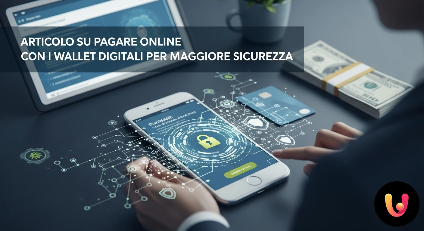 Pagamenti Digitali Sicuri: Usa il Tuo Wallet Online Mano che effettua un pagamento contactless con uno smartphone, visualizzando l'interfaccia di un wallet digitale sicuro.