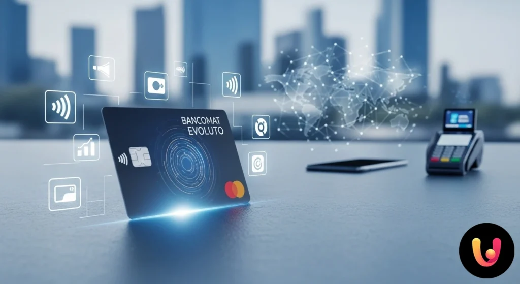 Una persona effettua un pagamento contactless avvicinando una carta di debito blu a un terminale pos.