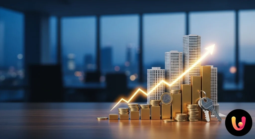 Modello in miniatura di una casa appoggiato su grafici finanziari e documenti di investimento.