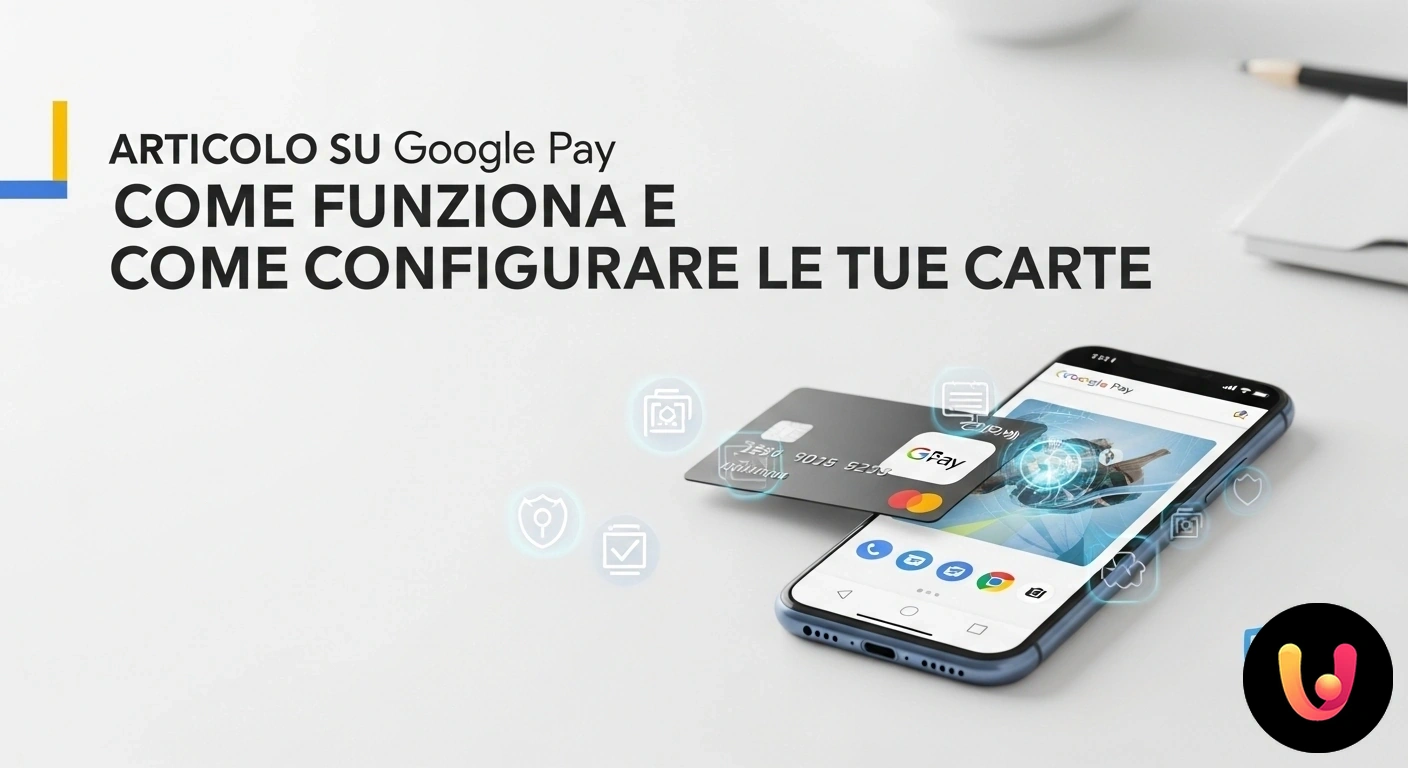 Scopri come pagare con Google Pay tramite il tuo smartphone. Smartphone che mostra una carta di credito nell'app google pay mentre effettua un pagamento contactless su un terminale pos.