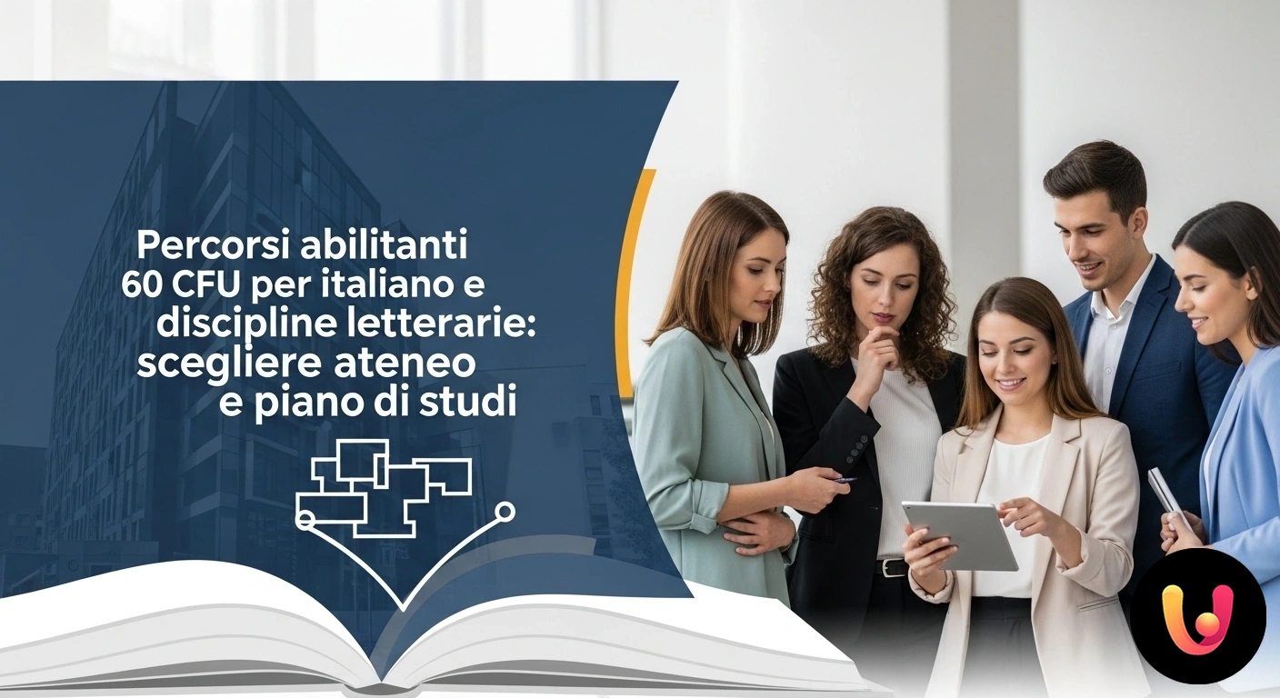 Percorsi 60 CFU Italiano: Guida alla scelta dell'Ateneo e del piano di studi. Una persona seduta alla scrivania consulta un piano di studi su un computer portatile, affiancato da libri di letteratura ita