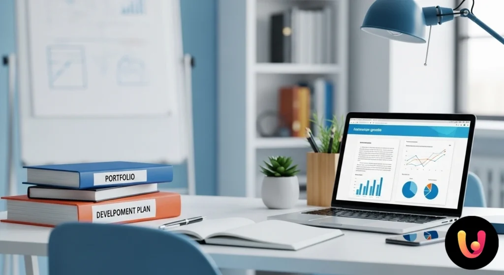 Anno di prova e bilancio competenze: guida completa per docenti Docente seduto alla scrivania che pianifica e compila i documenti per il bilancio di competenze iniziale.