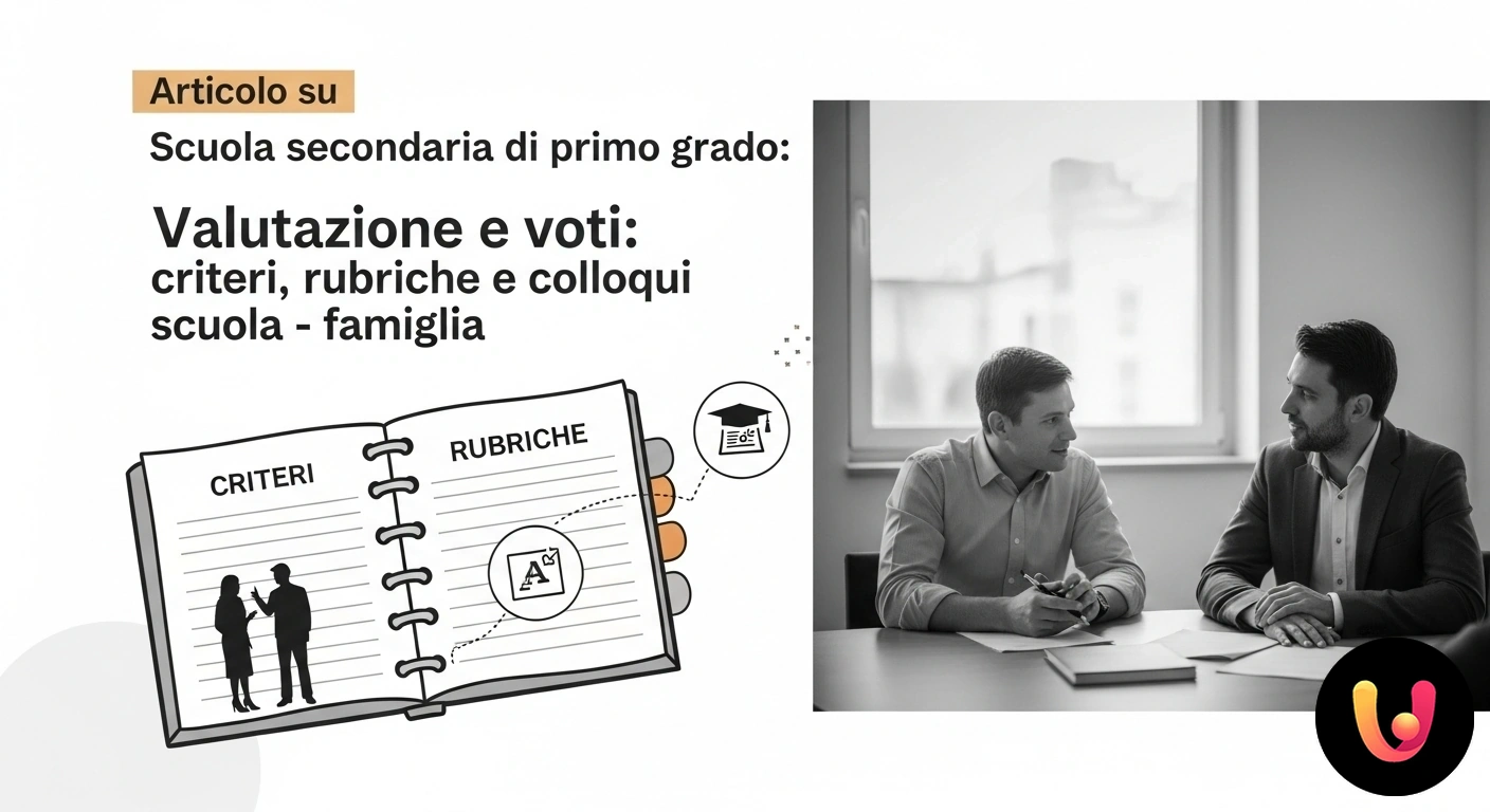 Valutazione scuola secondaria: guida a voti, criteri e colloqui Insegnante illustra una scheda di valutazione a due genitori durante un colloquio costruttivo in un'aula scolastica.