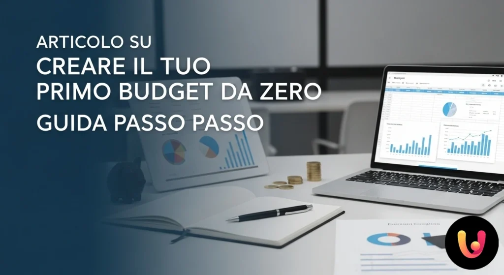 Persona alla scrivania con calcolatrice e laptop aperto su un foglio di calcolo per la pianificazione del budget.