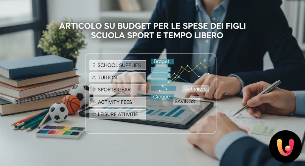 Spese Figli: Guida Budget Scuola, Sport e Tempo Libero Genitore seduto a una scrivania pianifica le finanze per i figli usando un computer portatile con un foglio di calcolo aperto