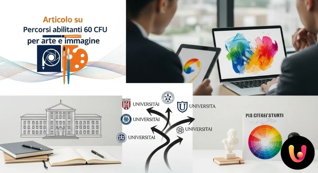 Studentessa concentrata consulta una guida universitaria per la scelta del percorso formativo in arte, con matite e blocco da