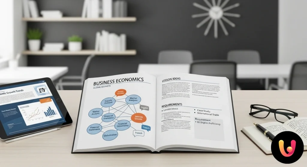 Lavagna con diagrammi di flusso economici e termini di business scritti sia in italiano che in inglese.