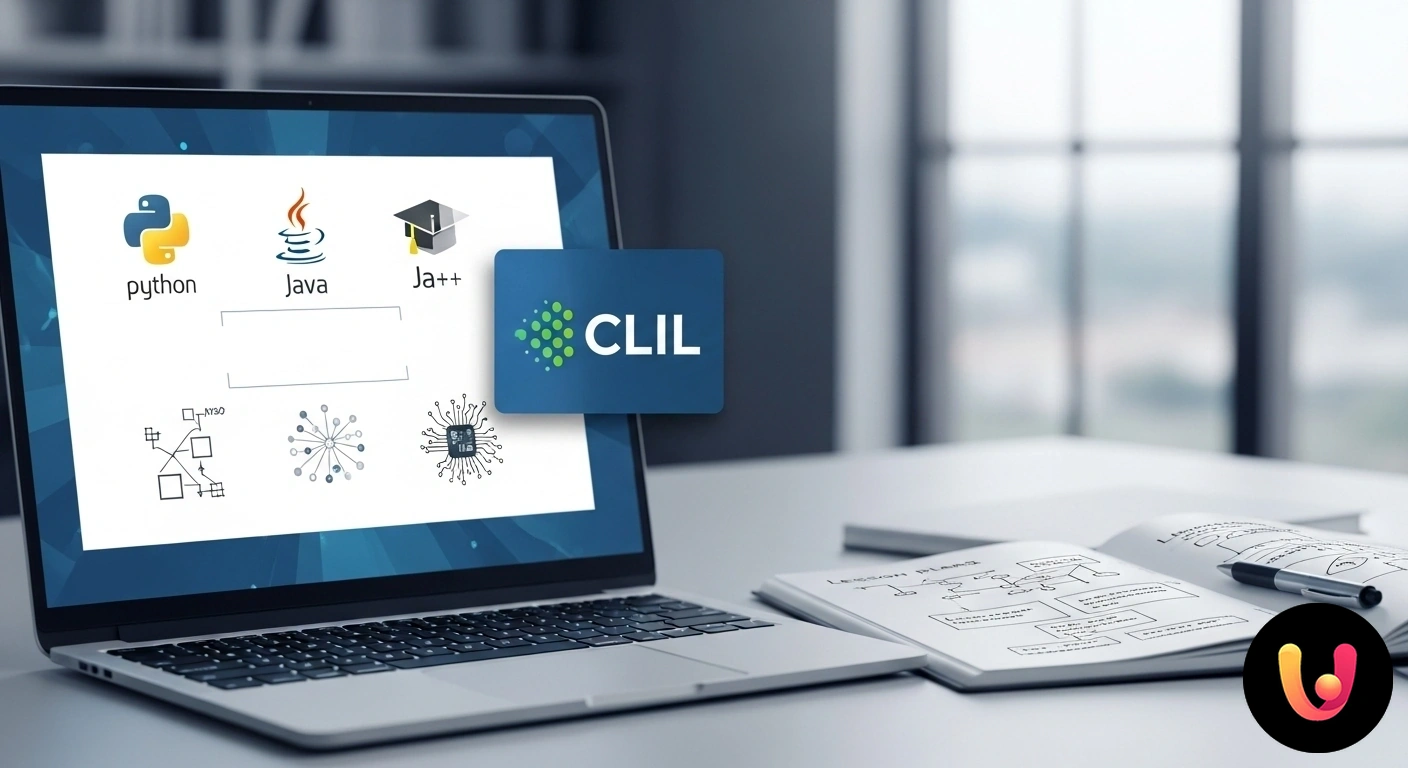 CLIL e Informatica: un approccio innovativo per le tue lezioni. Icone di lingue e informatica, come bandiere e codice binario, collegate da frecce per rappresentare la metodologia clil.