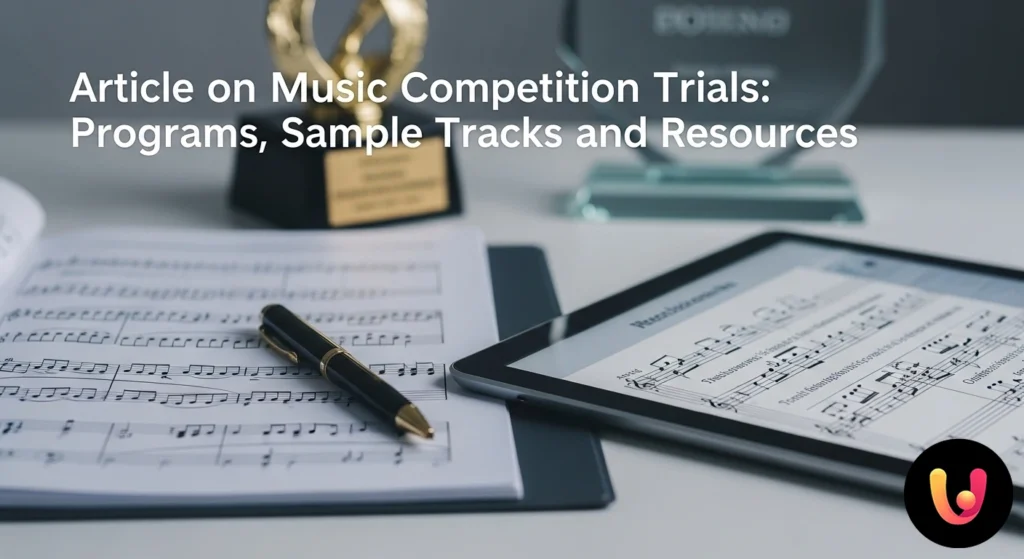 Strumenti per la preparazione al concorso musicale: spartiti, metronomo e tablet su una scrivania.