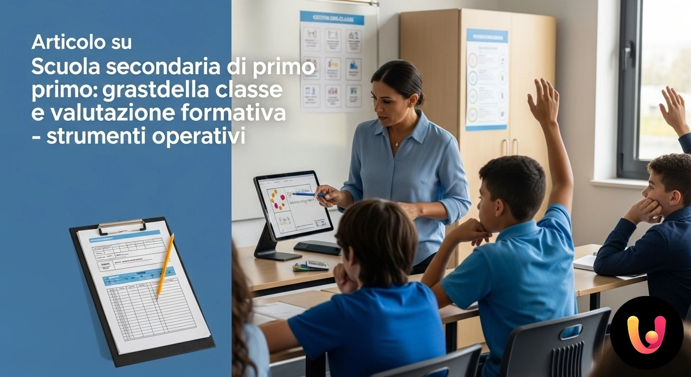 Gestione della classe e valutazione formativa nella scuola secondaria Docente in una classe moderna facilita un'attività di gruppo con studenti adolescenti, utilizzando strumenti didattici su un