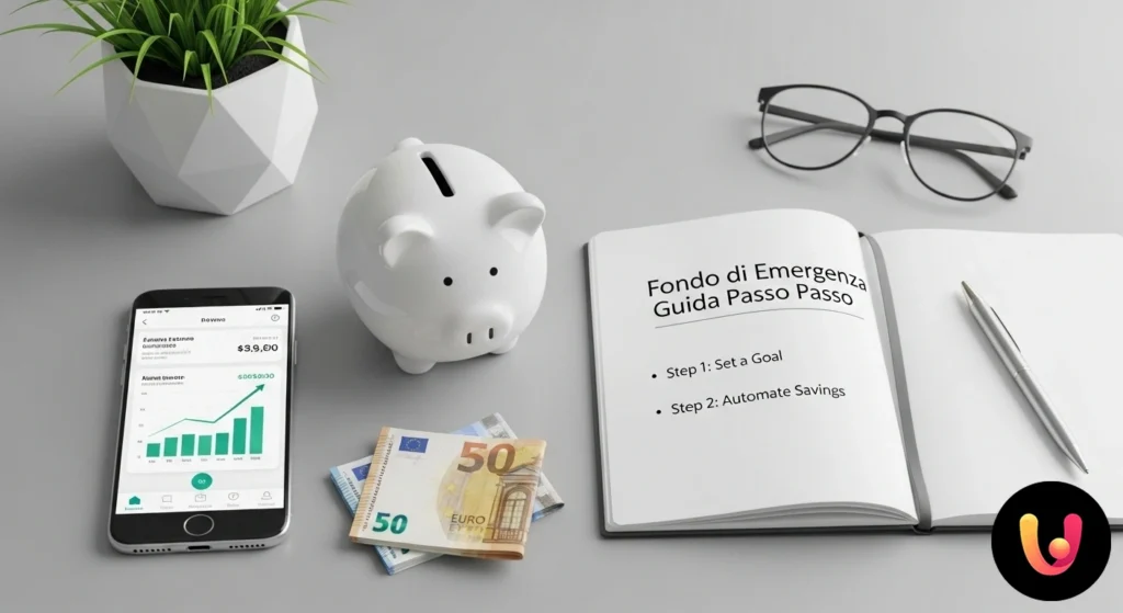Fonds d’urgence : Guide pas à pas pour votre sécurité Mano che inserisce una moneta in un barattolo di vetro con l'etichetta 'fondo di emergenza', a simboleggiare il risparmio gra