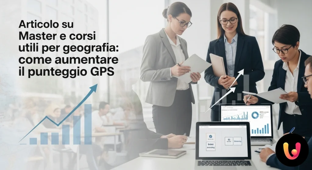 Grafico a barre ascendente accanto a una puntina da mappa con un tocco di laurea, a rappresentare la crescita professionale.