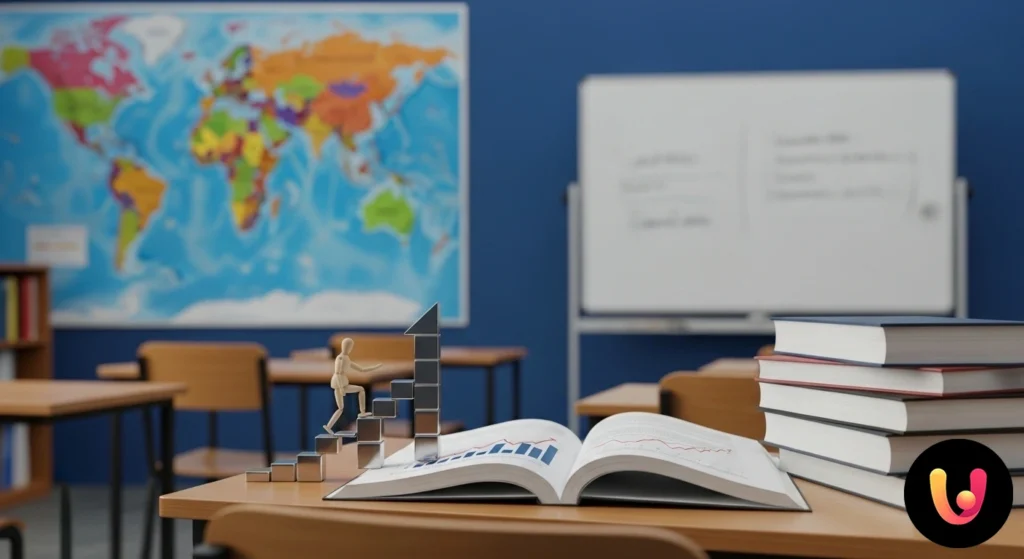 Docente di scuola primaria alla cattedra che consulta documenti normativi per la progressione economica e di carriera.