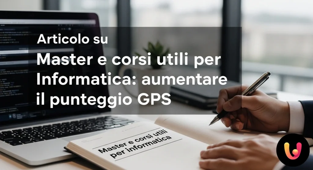 GPS Informatica: Guida a Master e corsi per scalare la graduatoria Professionista del settore informatico studia al laptop, circondato da icone di certificazioni e grafici di crescita professi