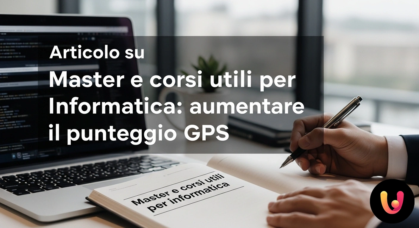 Formazione informatica avanzata per aumentare il tuo punteggio GPS. Professionista del settore informatico studia al laptop, circondato da icone di certificazioni e grafici di crescita professi