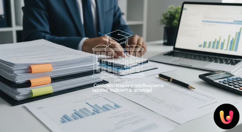 Documento con tabelle numeriche rappresentanti calcoli di stipendio, indennit&agrave; e arretrati per il personale scolastico.