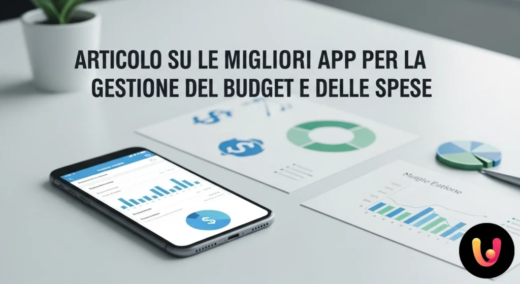 Smartphone che mostra un'interfaccia di un'app per il budget con grafici a torta e barre colorate per l'analisi delle spese.