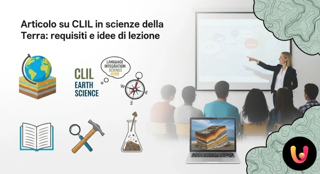 Docente indica una mappa geologica a studenti, con termini scientifici in inglese su una lavagna sullo sfondo.