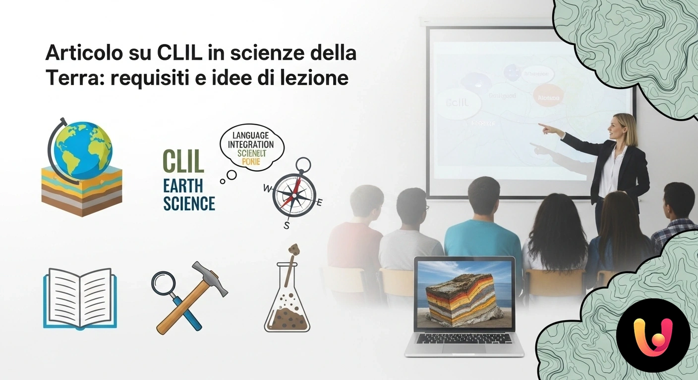 Idee pratiche per una lezione CLIL in scienze della terra Docente indica una mappa geologica a studenti, con termini scientifici in inglese su una lavagna sullo sfondo.