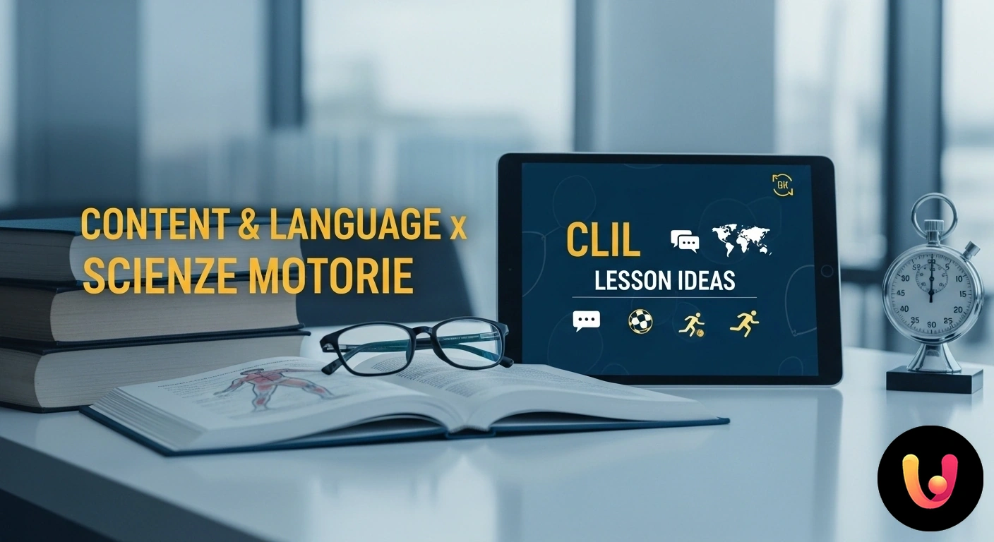 CLIL in Scienze Motorie: idee e requisiti per lezioni innovative Studenti e insegnante durante una lezione di scienze motorie con termini sportivi in inglese scritti su una lavagna.