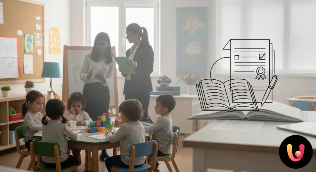 Concorso Scuola Infanzia: Guida a requisiti e prove 2025 Docente di scuola dell'infanzia assiste un gruppo di bambini in un'attività educativa con materiali colorati.