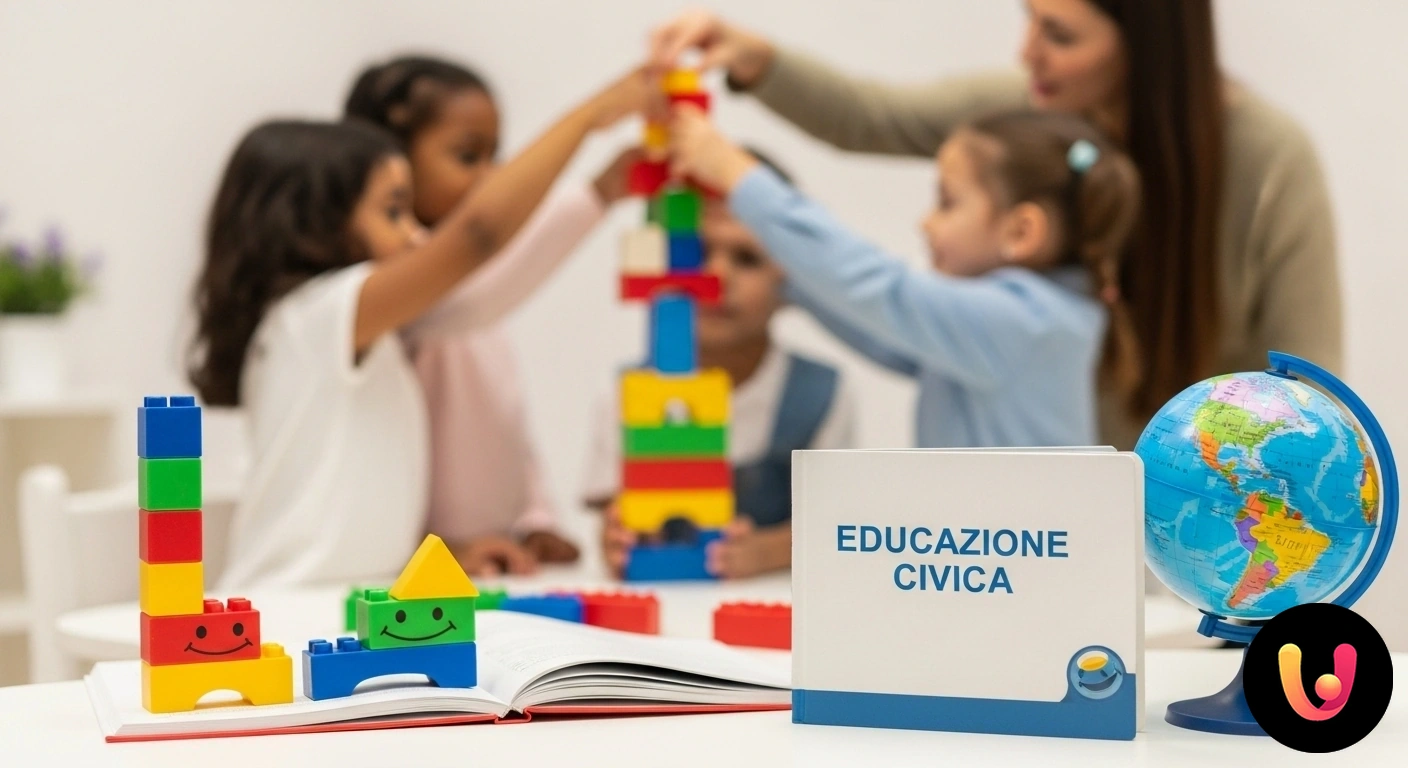 Educazione civica nella scuola dell'infanzia: formare i cittadini di domani. Gruppo multietnico di bambini della scuola dell'infanzia che collaborano per creare un grande disegno colorato sul pavimento.