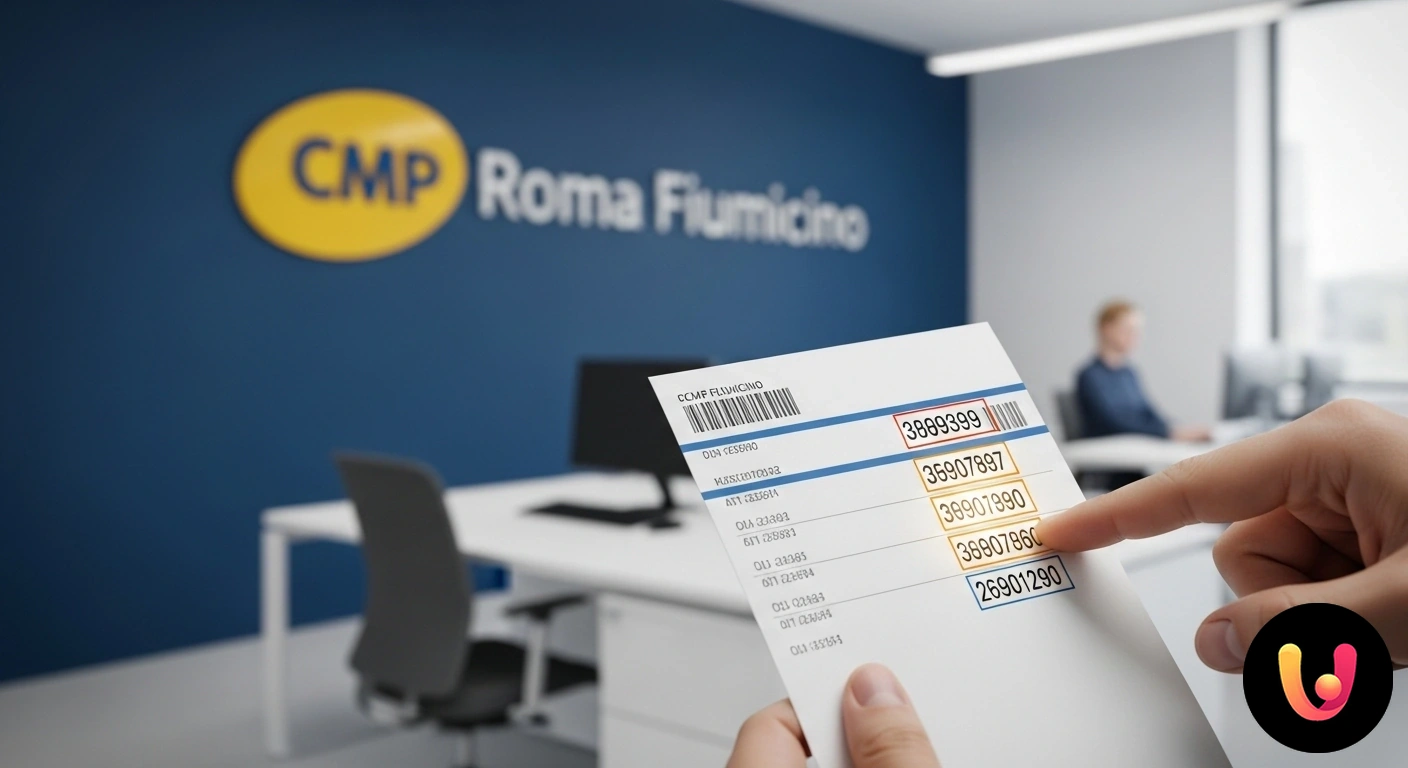 Codici avviso di giacenza CMP Roma Fiumicino: guida alla lettura Primo piano di un avviso di giacenza postale con dettaglio sui codici numerici e a barre identificativi della spedizione.