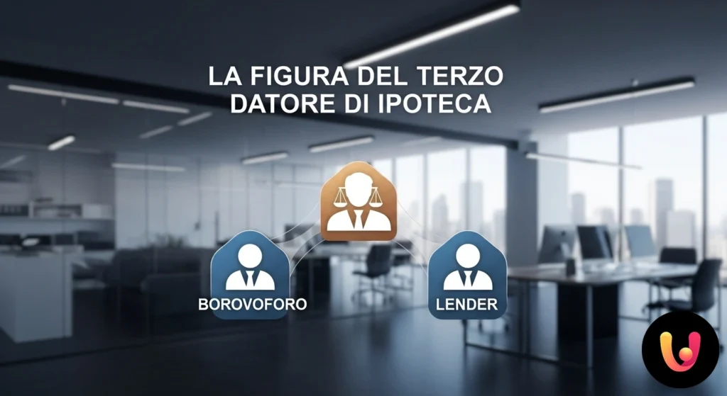 Mano che posiziona un modellino di casa come garanzia tra due persone che stringono la mano per un accordo.