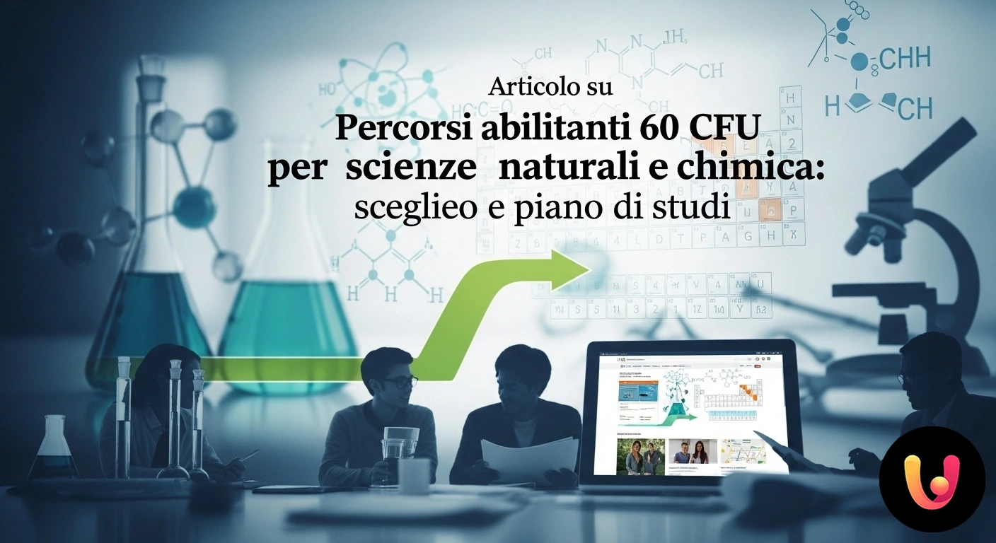 Percorsi 60 CFU Scienze e Chimica: Guida alla scelta dell'Ateneo e del piano di studi. Studente di scienze davanti a una lavagna con formule chimiche e il simbolo di un atomo, rappresentazione della scelta format