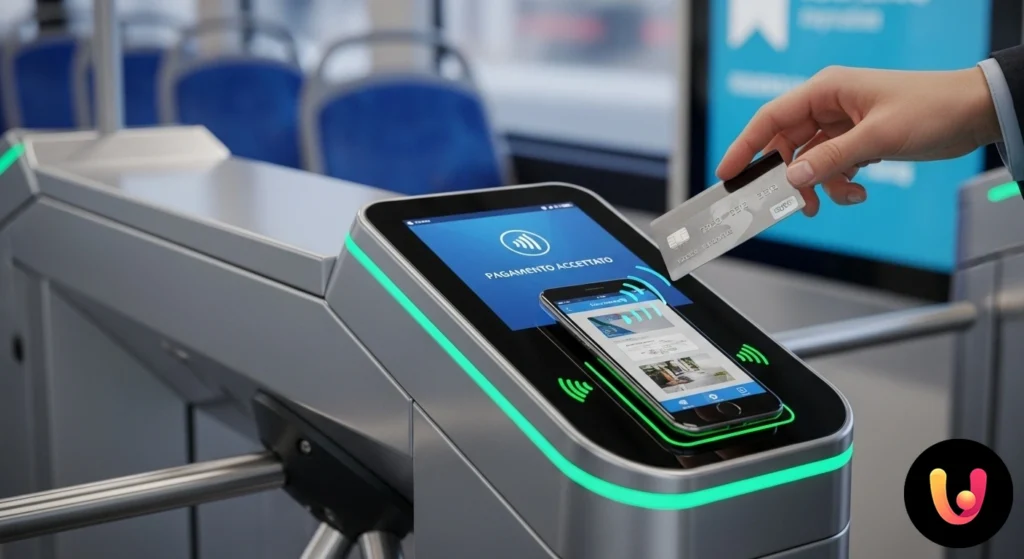 Hand bringing a contactless credit card close to a ticket validator on public transport.