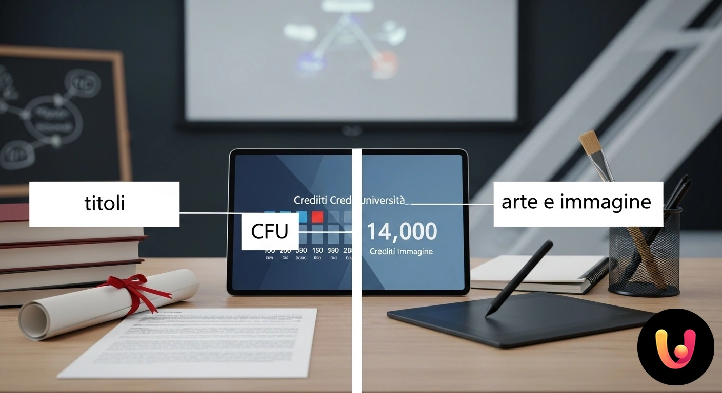 Requisiti per insegnare Arte e Immagine: la guida a titoli e CFU Lavagna con rappresentazione schematica del percorso per l'insegnamento: icona di laurea, crediti cfu e simbolo di abilitazio
