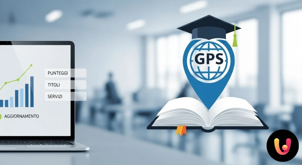 Docente che utilizza un computer portatile per compilare e aggiornare un modulo digitale relativo alle graduatorie scolastich