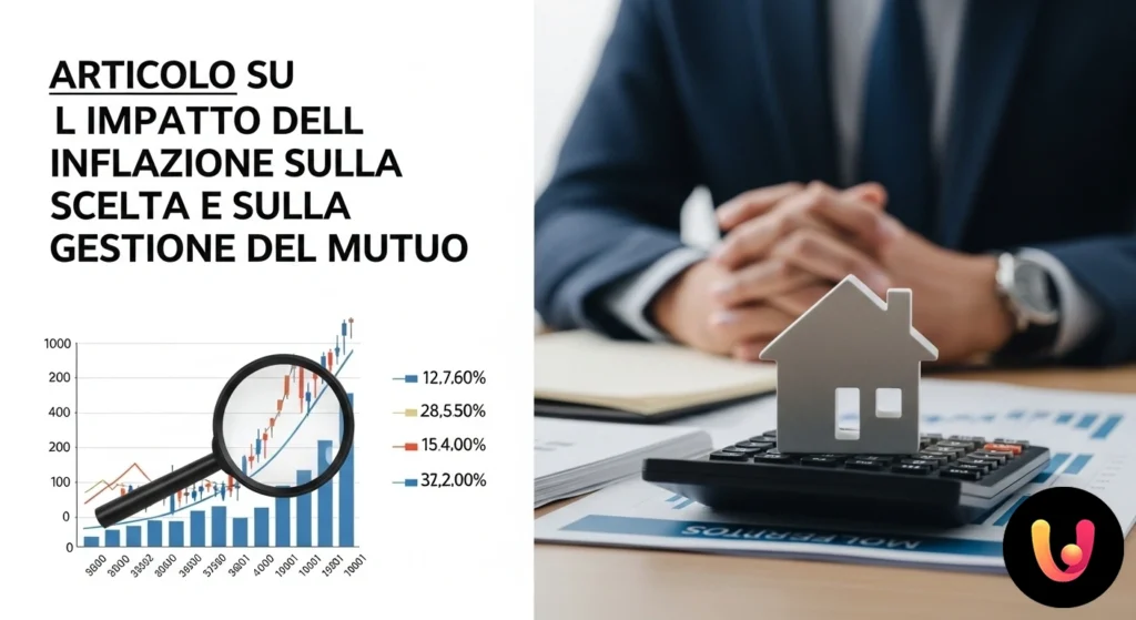 Credit ipotecar și inflație: cum să gestionezi și să alegi cea mai bună soluție Grafic cu tendința de creștere a inflației și simbolul euro suprapus peste un contract de credit ipotecar și cheile unei case