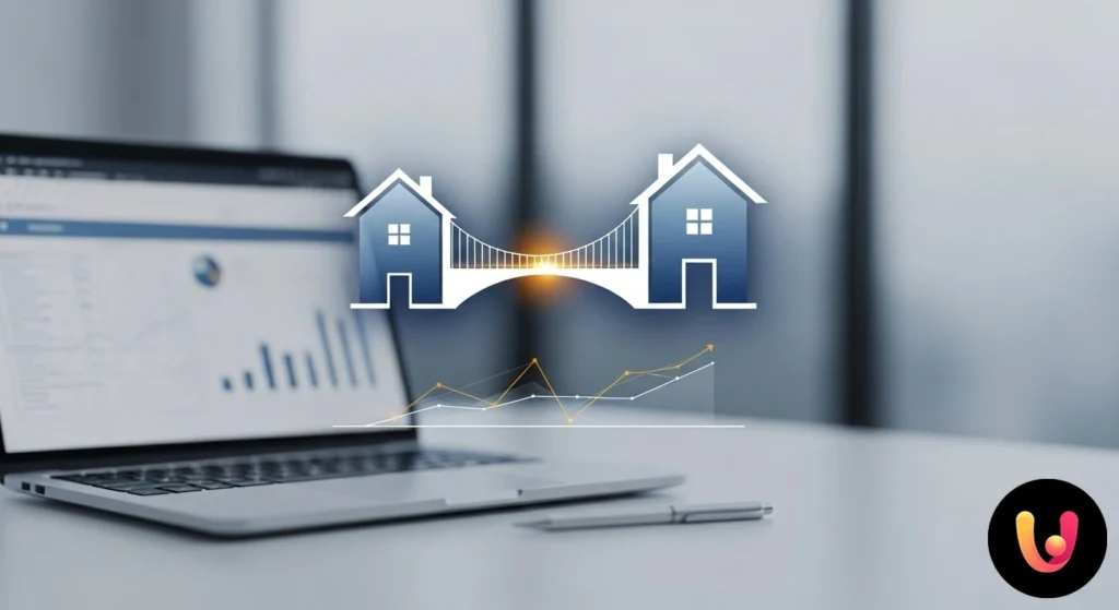 Dois modelos de casas, um representando a habitação antiga e outro a nova, ligados por uma ponte simbólica.