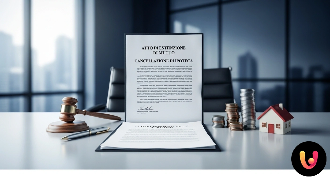 Estinzione Mutuo e Cancellazione Ipoteca: la guida completa Mano che consegna un documento con timbro di annullamento e delle chiavi di casa, simboleggiando la fine di un contratto.