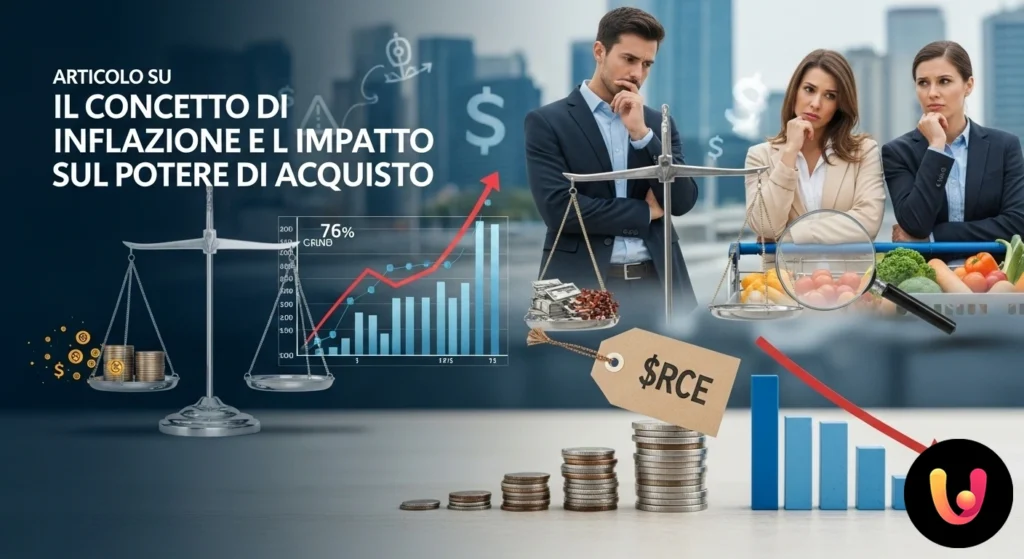 Grafico con freccia rossa ascendente per l'inflazione e freccia blu discendente per il potere d'acquisto dei consumatori.