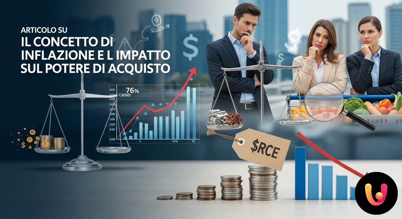 Inflazione: scopri l'impatto reale sul tuo potere d'acquisto. Grafico con freccia rossa ascendente per l'inflazione e freccia blu discendente per il potere d'acquisto dei consumatori.