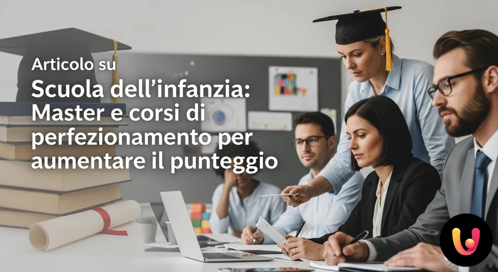 Scuola infanzia: master e corsi per aumentare il punteggio in GPS Docente di scuola dell'infanzia durante un'attività didattica con un gruppo di bambini in un'aula moderna e luminosa.
