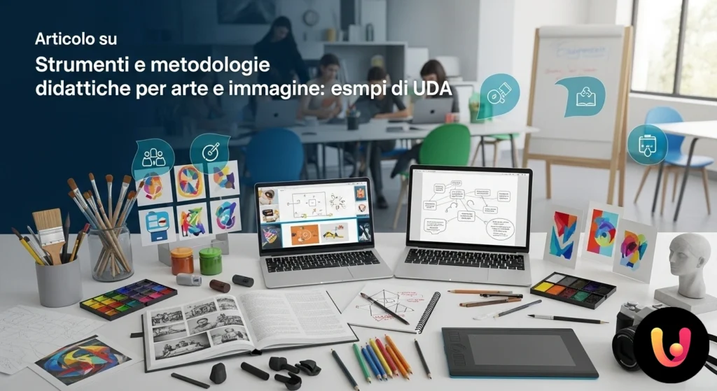 Studenti e docente collaborano a un progetto artistico con pennelli e colori in un laboratorio scolastico.