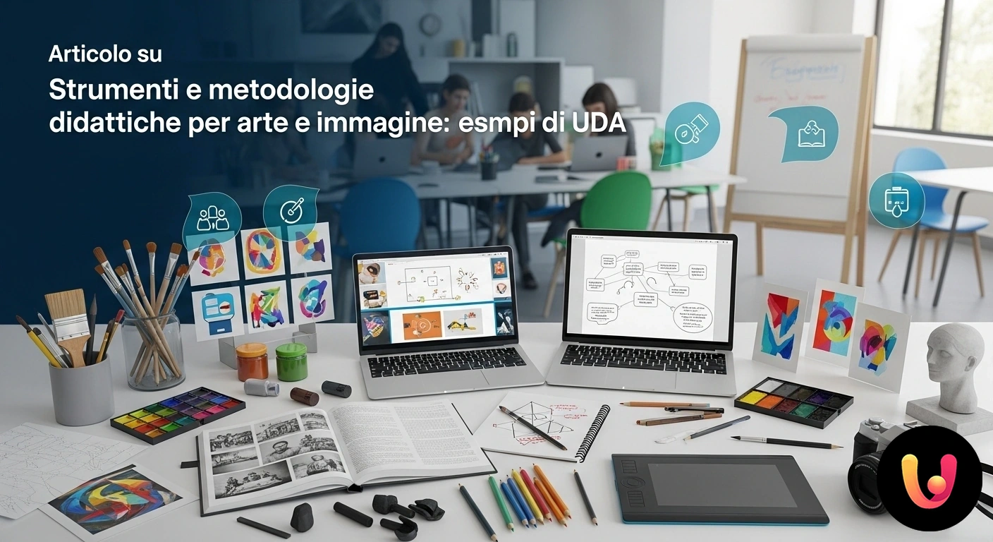 Metodologie e strumenti didattici innovativi per l'insegnamento di arte e immagine. Studenti e docente collaborano a un progetto artistico con pennelli e colori in un laboratorio scolastico.