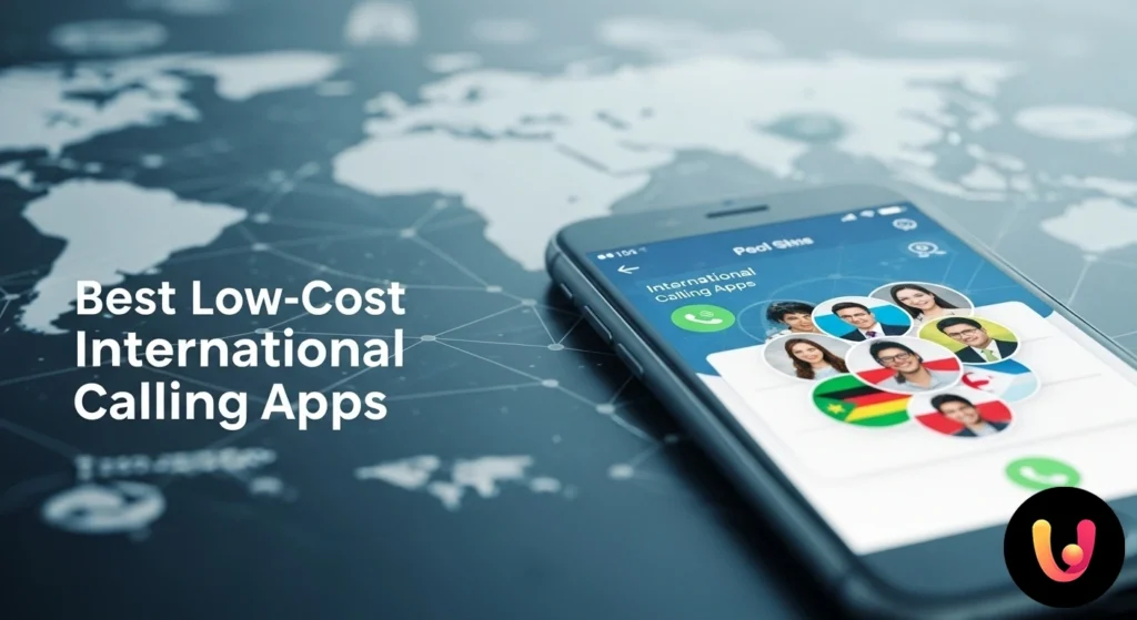 Mão a segurar um smartphone do qual saem ícones de bandeiras de diversas nações, simbolizando a comunicação global