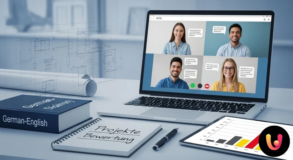 PCTO e Tedesco: Guida a progetti, competenze e valutazione Gruppo di studenti collabora a un progetto al computer, con grafici e parole in tedesco sullo schermo per un'attività pcto.