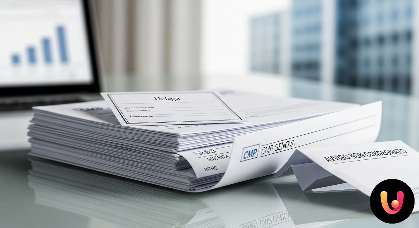 CMP Genova: Guida completa a giacenza, ritiro con delega e avvisi non consegnati. Primo piano di un avviso di giacenza e un modulo per la delega di ritiro di una spedizione postale.