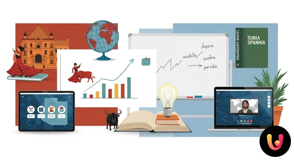 UDA Spagnolo: Metodi e Strumenti Didattici per Docenti Efficaci Mappa concettuale su lavagna che illustra la pianificazione di una uda per la lingua spagnola, collegando metodologia e strum