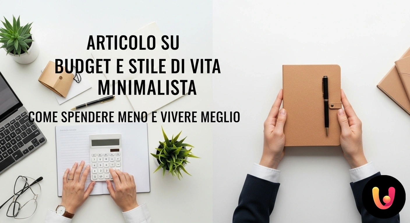 Budget minimalista: come gestire le finanze per una vita più semplice e appagante. Scrivania ordinata con un taccuino per il budget, una calcolatrice e un barattolo di vetro per i risparmi.